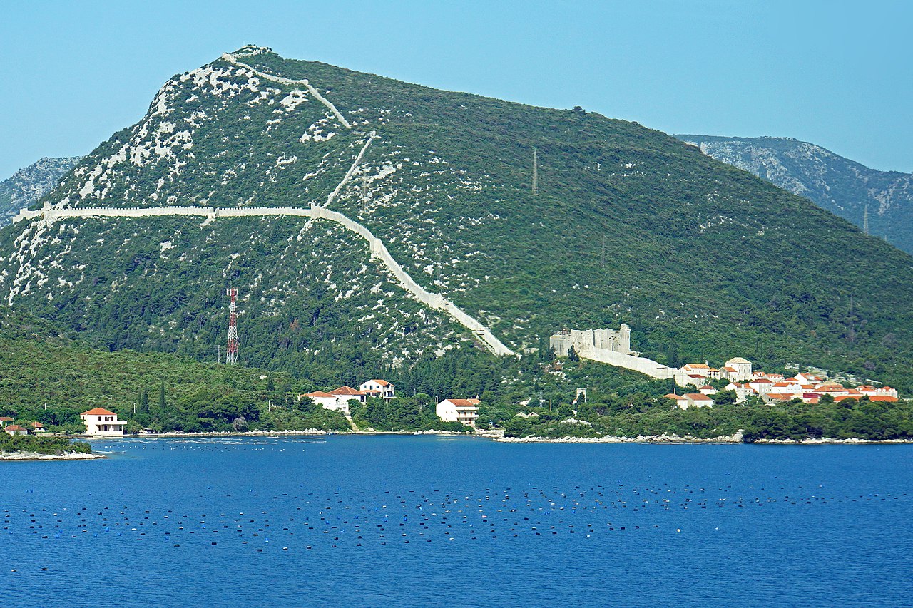 Aerial view of Ston salt pans and fortified town in southern Dalmatia Croatia